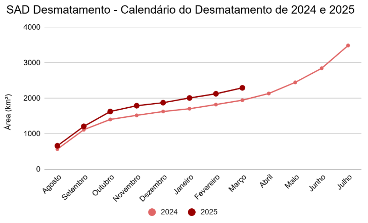 Gráfico mostra a comparação entre 2024 e 2025 • Reprodução/Imazon