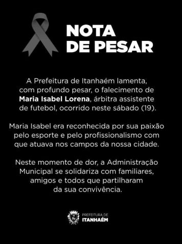 Nota de Pesar sobre Maria Isabel Lorena • Divulgação/Prefeitura de Itanhaém