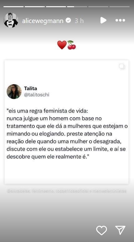 Alice Wegmann publica post enigmático em meio à polêmica com Cauã Reymond • Instagram/Alice Wegmann