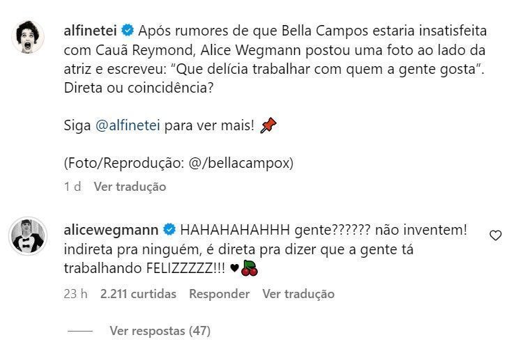 Alice Wegmann nega que tenha mandado indireta a Cauã Reymond • Instagram/Alfinetei