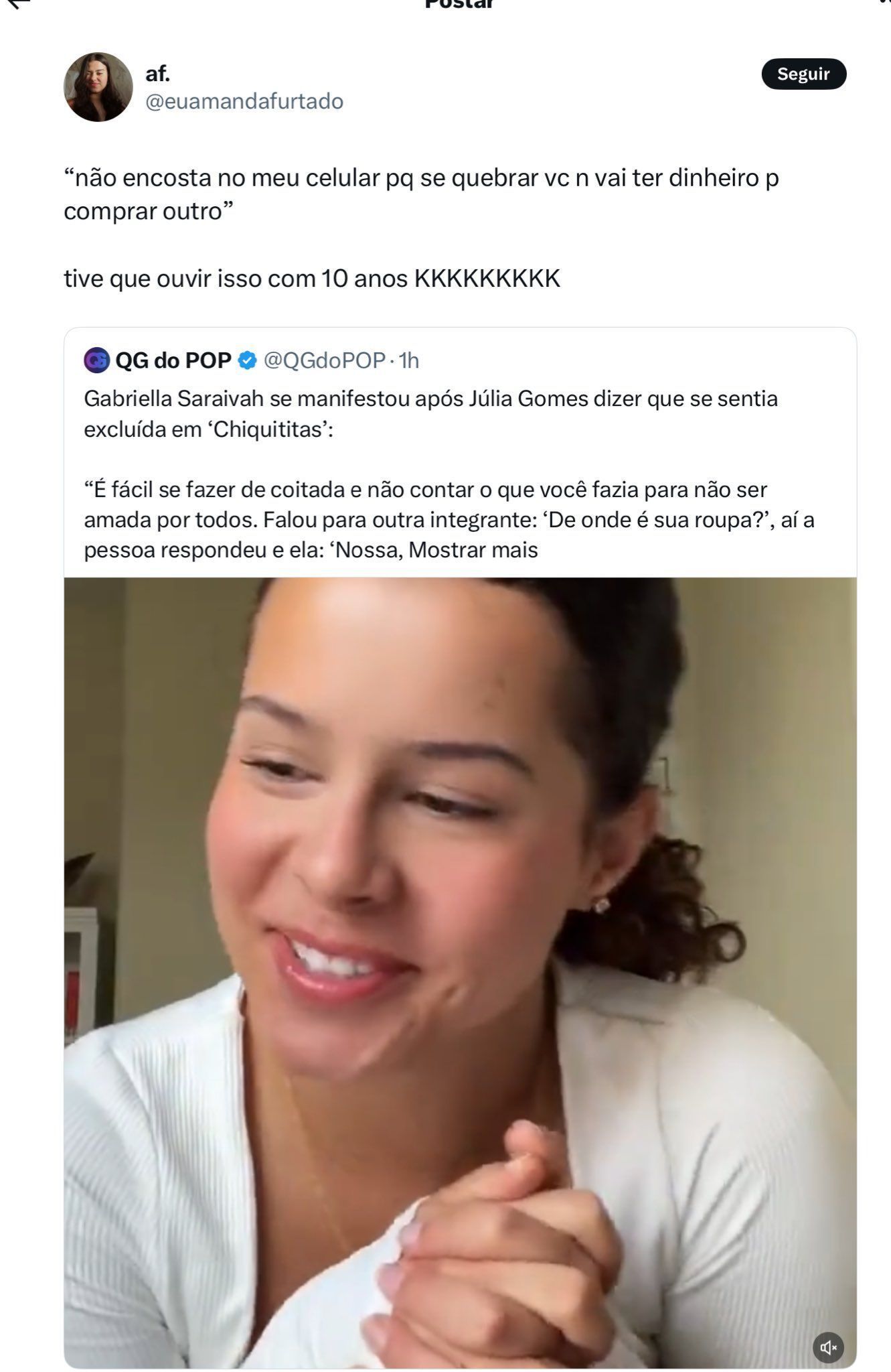 Comentário de Amanda Furtado sobre Júlia Gomes • Reprodução/ Redes Sociais