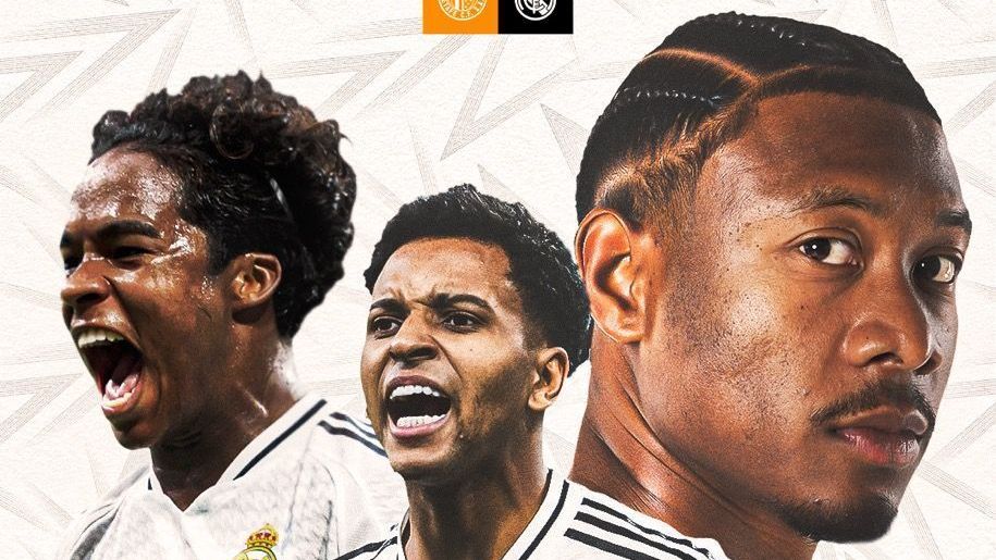 Arte com Endrick, Rodrygo e Alaba, jogadores do Real Madrid