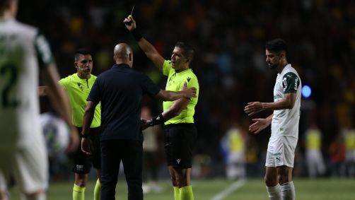 Bruno Arleu de Araújo, árbitro de Sport 1 x 2 Palmeiras, aplica cartão amarelo