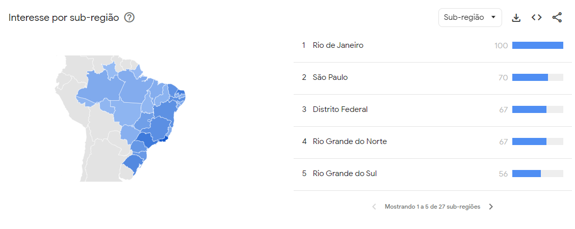 Buscas por Beatriz Segall no Google por estado nos últimos 90 dias • Reprodução/Google Trends