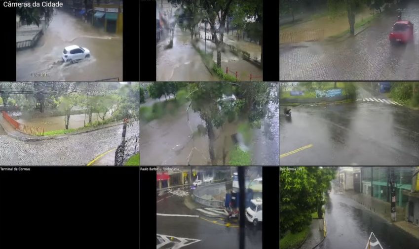 Câmeras de monitoramento em Petrópolis mostram áreas alagadas • Reprodução