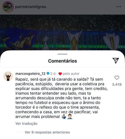 Marcos criticou Abel Ferreira no Instagram • Reprodução/Instagram