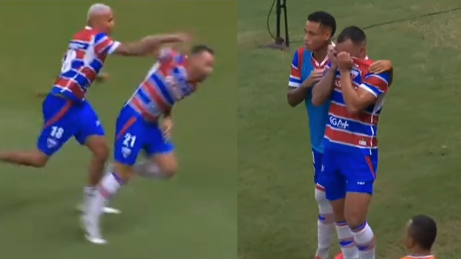 Deyverson empurra e lesiona Moisés durante comemoração de gol em jogo do Brasileirão