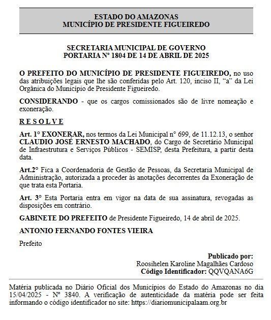 Diário Oficial de Presidente Figueiredo, no interior do AM, com a exoneração de Claudio Jose • Reprodução