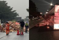 Caminhão com 12 toneladas de leite em pó tomba na Marginal Tietê, em SP