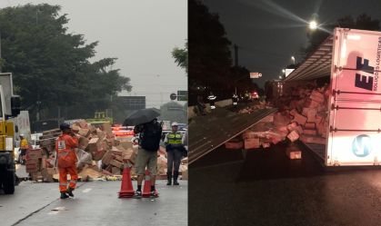 Caminhão com 12 toneladas de leite em pó tomba na Marginal Tietê, em SP