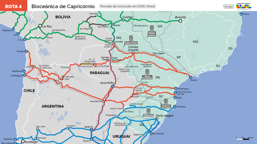 Em laranja, rota de Capricórnio do plano de integração sul-americana • Reprodução / MPO