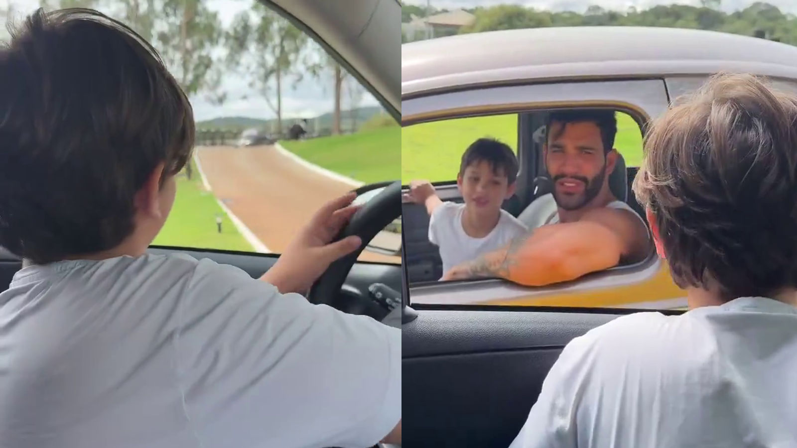 Após uma curva, o menino cruza com o pai, que está em outro veículo com o herdeiro mais novo do casal, Samuel,