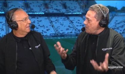Galvão Bueno e Vanderlei Luxemburgo na transmissão de Corinthians x Vasco no Prime Video