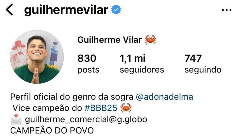 Guilherme Vilar se declarou "campeão do povo" nas redes sociais • Instagram/Guilherme Vilar