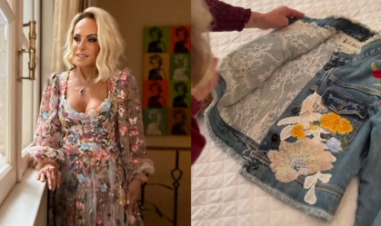Ana Maria Braga mostra jaqueta jeans com partes do seu vestido de casamento