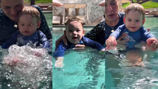No vídeo, o neném aparece colocando a cabeça na água, boiando deitado e batendo os pézinhos na piscina