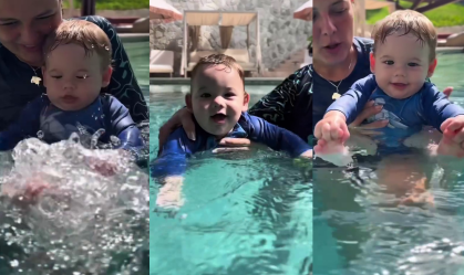 No vídeo, o neném aparece colocando a cabeça na água, boiando deitado e batendo os pézinhos na piscina