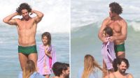 José Loreto curte dia de praia no Rio com a filha; veja fotos