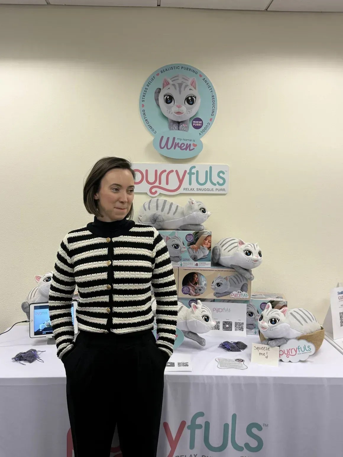 Katharine Burke, fundadora e CEO da Purryfuls, na Feira de Brinquedos de Nova York em março • Emma Burke