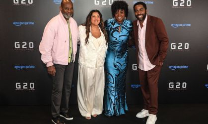 Viola Davis, marido, Regina Casé e Lázaro Ramos no evento de lançamento de "G20", no Rio de Janeiro