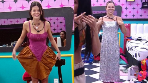 A bailarina escolheu um vestido tubinho midi com paetês dourados e prateados, enquanto a atriz selecionou uma peça que causou estranhamento nas redes sociais
