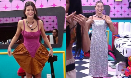A bailarina escolheu um vestido tubinho midi com paetês dourados e prateados, enquanto a atriz selecionou uma peça que causou estranhamento nas redes sociais