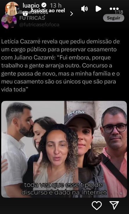 Luana Piovani reposta vídeo criticando decisão de Letícia Cazarré • Instagram/Luana Piovani