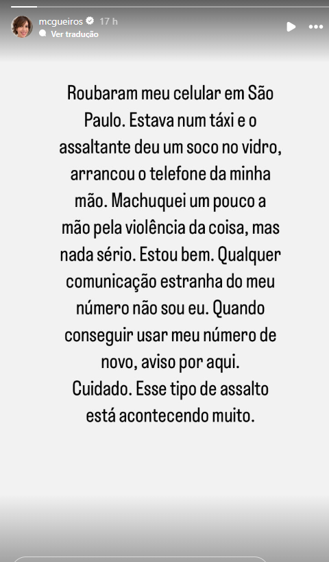 Maria Clara Gueiros disse que criminoso arrancou celular de sua mão • Instagram/Maria Clara Gueiros