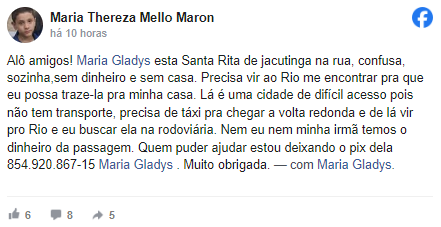 Filha de Maria Gladys pede ajuda nas redes • Facebook/Maria Thereza Mello Maron