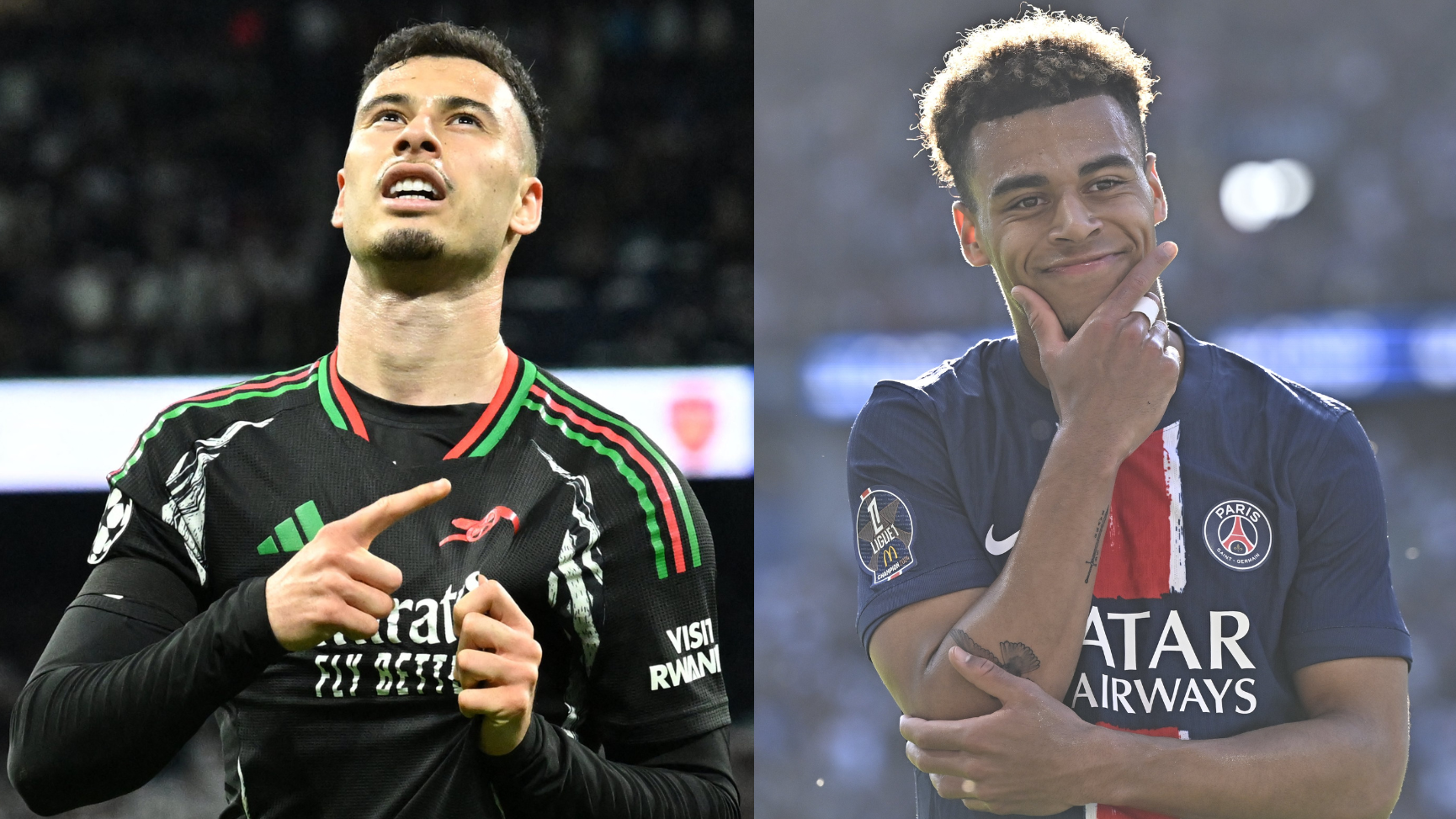 Montagem com Martinelli, do Arsenal, e Doué, do PSG