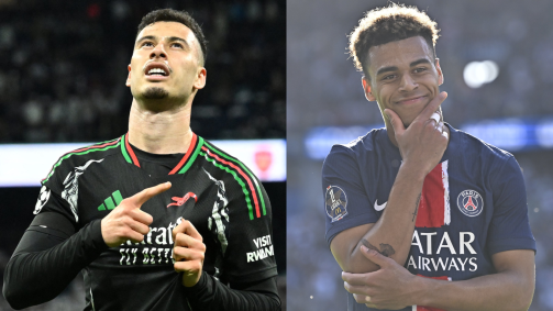 Montagem com Martinelli, do Arsenal, e Doué, do PSG