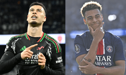 Montagem com Martinelli, do Arsenal, e Doué, do PSG