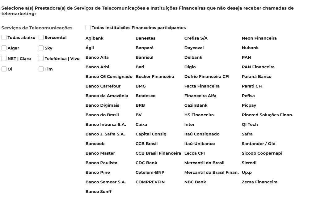 Após o login, a plataforma "Não Me Perturbe" oferece uma lista de empresas que podem ser bloqueadas • Não Me Perturbe