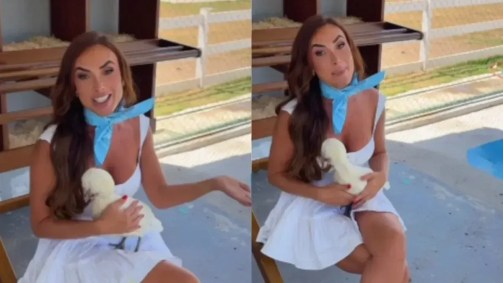 Nicole Bahls segura galinha batizada com o nome de Xuxa