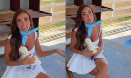 Nicole Bahls batiza galinha com o nome de Xuxa: “Cabelo igual”