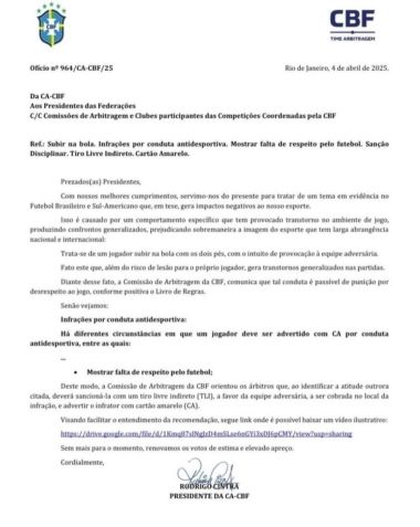 Ofício enviado pela CBF a clubes e federações sobre jogadores que subirem na bola • Reprodução