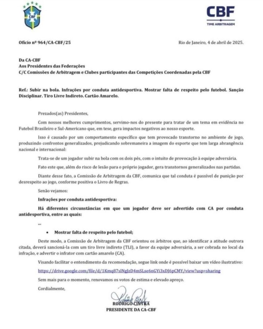 Ofício enviado pela CBF a clubes e federações sobre jogadores que subirem na bola • Reprodução