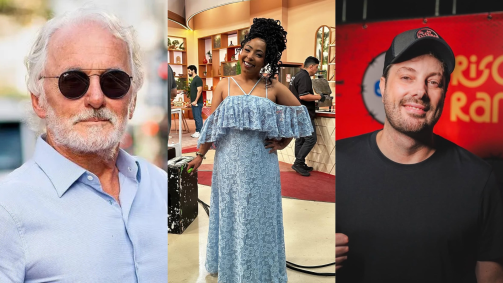 Juliana Oliveira (centro), ex-assistente de palco de Danilo Gentili (direita) acusou Otávio Mesquita (esquerda) de estupro