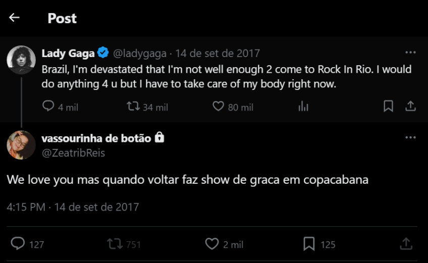Em 2017, fã de Lady Gaga "profetizou" vinda da cantora com show gratuito • X