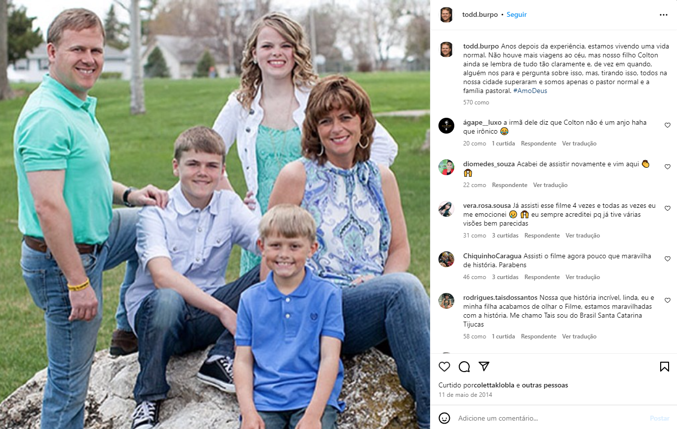 Todd Burpo publicou em suas redes sociais sobre a vida de sua família, mais de 10 anos após a experiência vivida pelo filho, Colton • Instagram/ Todd Burpo