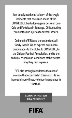 Gianni Infantini, presidente da FIFA, se pronuncia nas redes sociais sobre a tragédia em jogo da Libertadores •