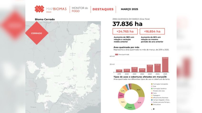 Gráfico de área queimada no Cerrado em março de 2019 a 2025 • Reprodução/MAPBIOMAS