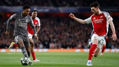Rodrygo em ação na derrota do Real Madrid para o Arsenal pela Champions League