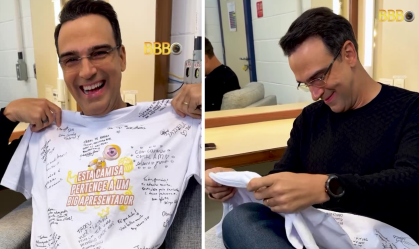 Tadeu Schmidt ganha presente misterioso de ex-BBBs e se emociona; veja