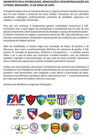 19 federações se unem em manifesto por renovação na CBF • Reprodução/Instagram