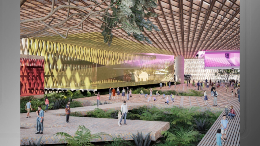 Imagem mostra projeto arquitetônio de Centro Pompidou Paraná, museu internacional que deve ser inaugurado em 2027 em Foz do Iguaçu • Divulgação/Governo do Paraná