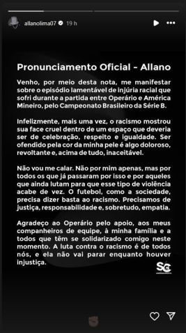 Allano se manifesta pela primeira vez após sofrer racismo durante jogo entre Operário-PR e América-MG • Reprodução/Instagram