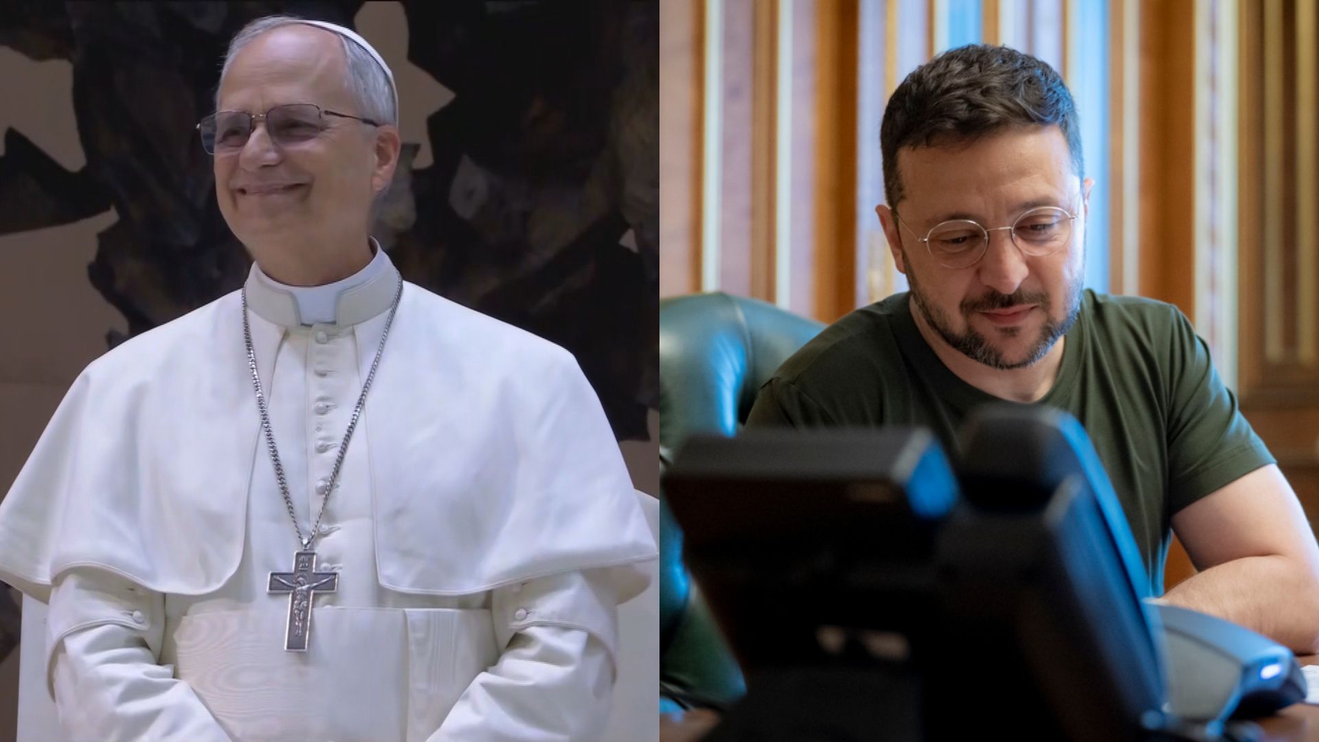 Papa Leão XIV e presidente ucraniano Volodymyr Zelensky.