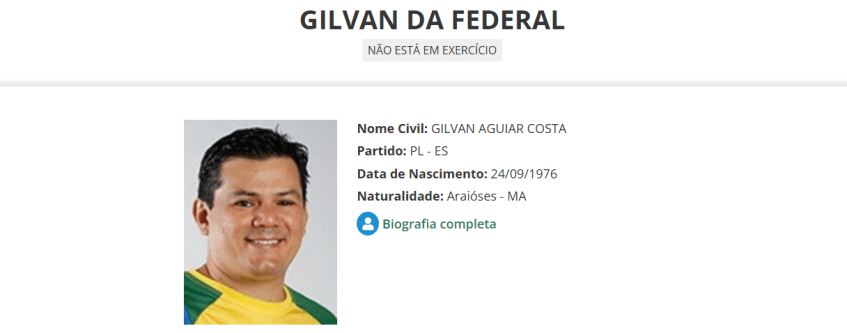 Página do deputado Gilvan da Federal (PL-ES) no site da Câmara dos Deputados nesta quarta-feira (7). • Reprodução/ Câmara dos Deputados