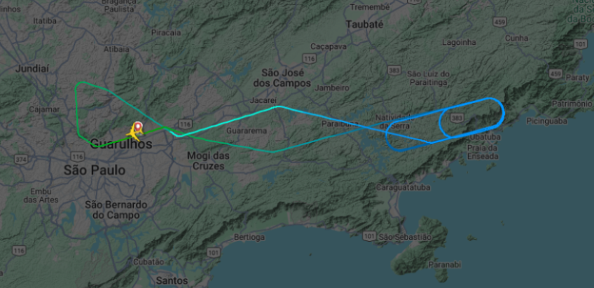 Trajetória do avião que precisou retornar a Guarulhos • Reprodução/Flightradar24